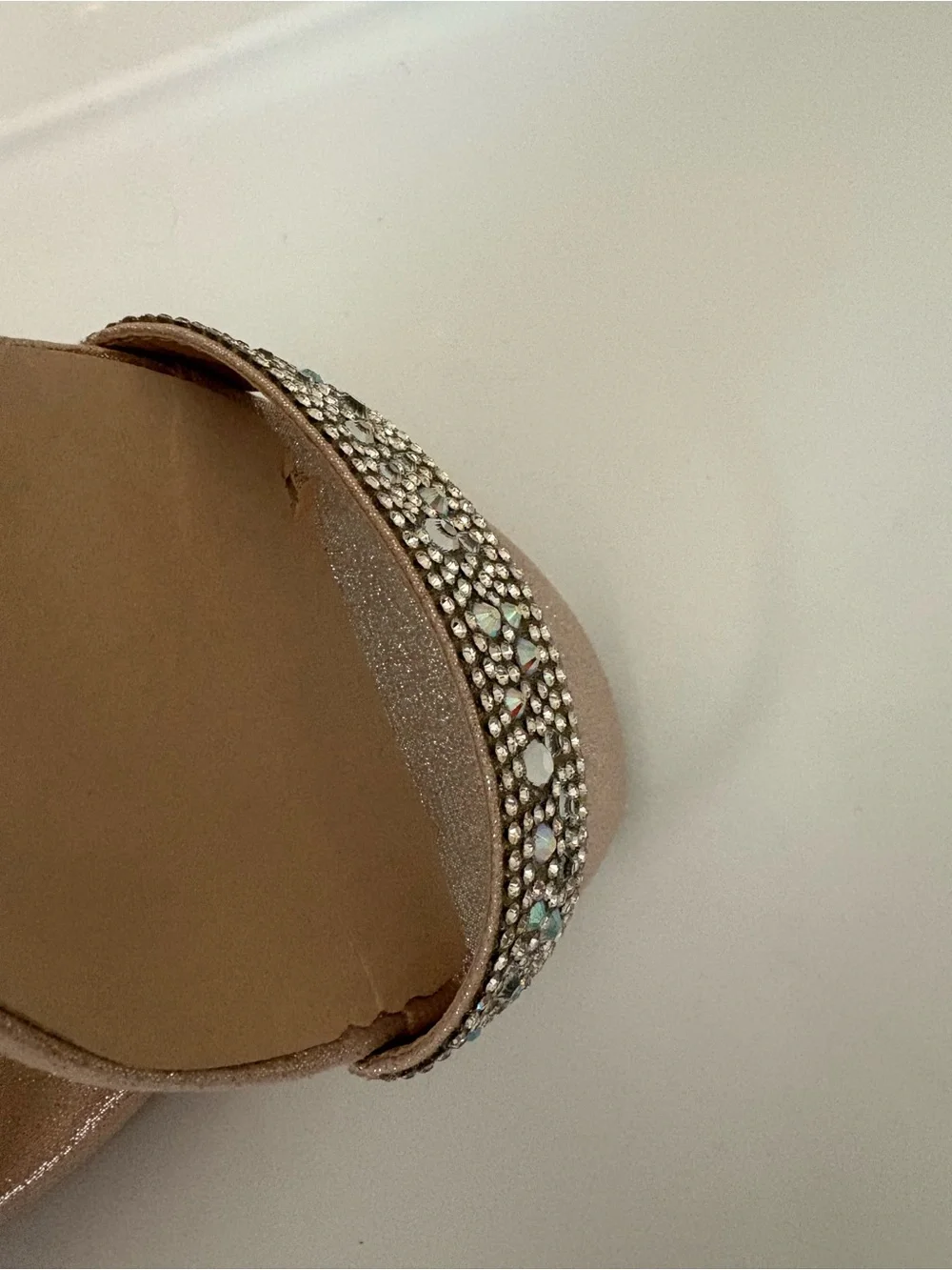 David's Bridal Champagne Blush Rhinestone Wedge Sandals Sz 7.5
